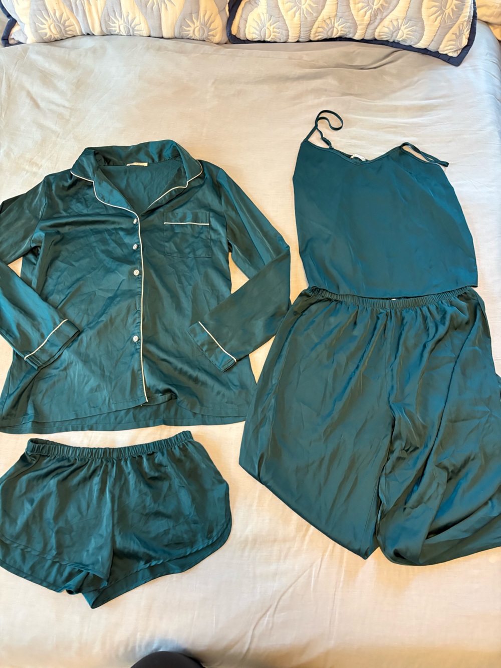 Womens Satin-Feel Pajama Jacket and Short Set in Deep Teal